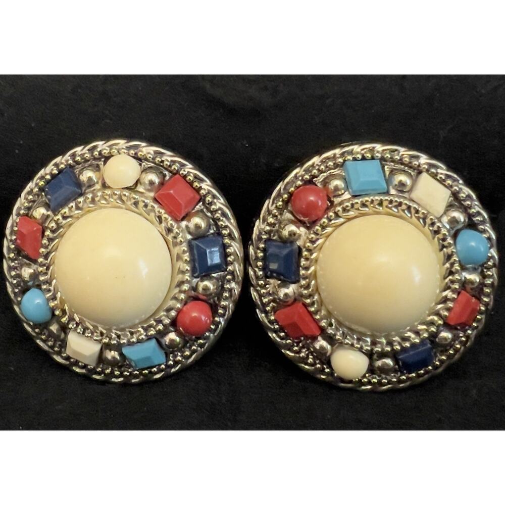 Vtg 80s Silver Tone Multicolor Cabochon Clip On Earrings Womens Round Faux Pearl